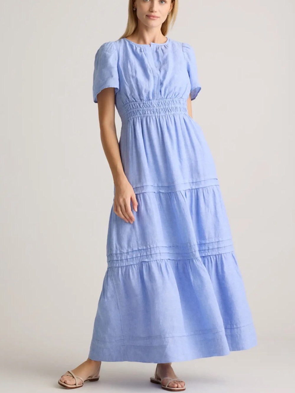 Quince 100% European Linen Tiered Maxi Dress in French Blue
